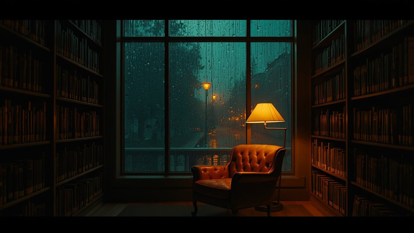 Library window in the rain at night