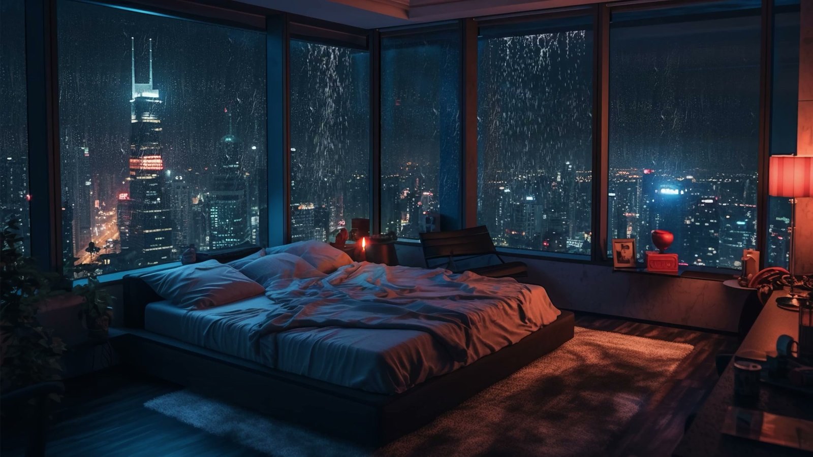 City bedroom with rain on the windows at night