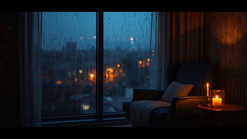 Cozy window in the rain at night